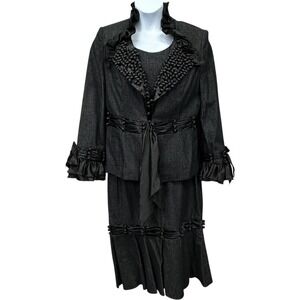 Champagne‎ Italy Skirt Suit Set Womens 17 Black Jacket Denim Satin Trim Ruffle